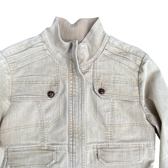 DJ Washed Denim Bomber Jacket Tan Utility Distressed Aviator Pilot Y2K 90s-M - Picture 3 of 16